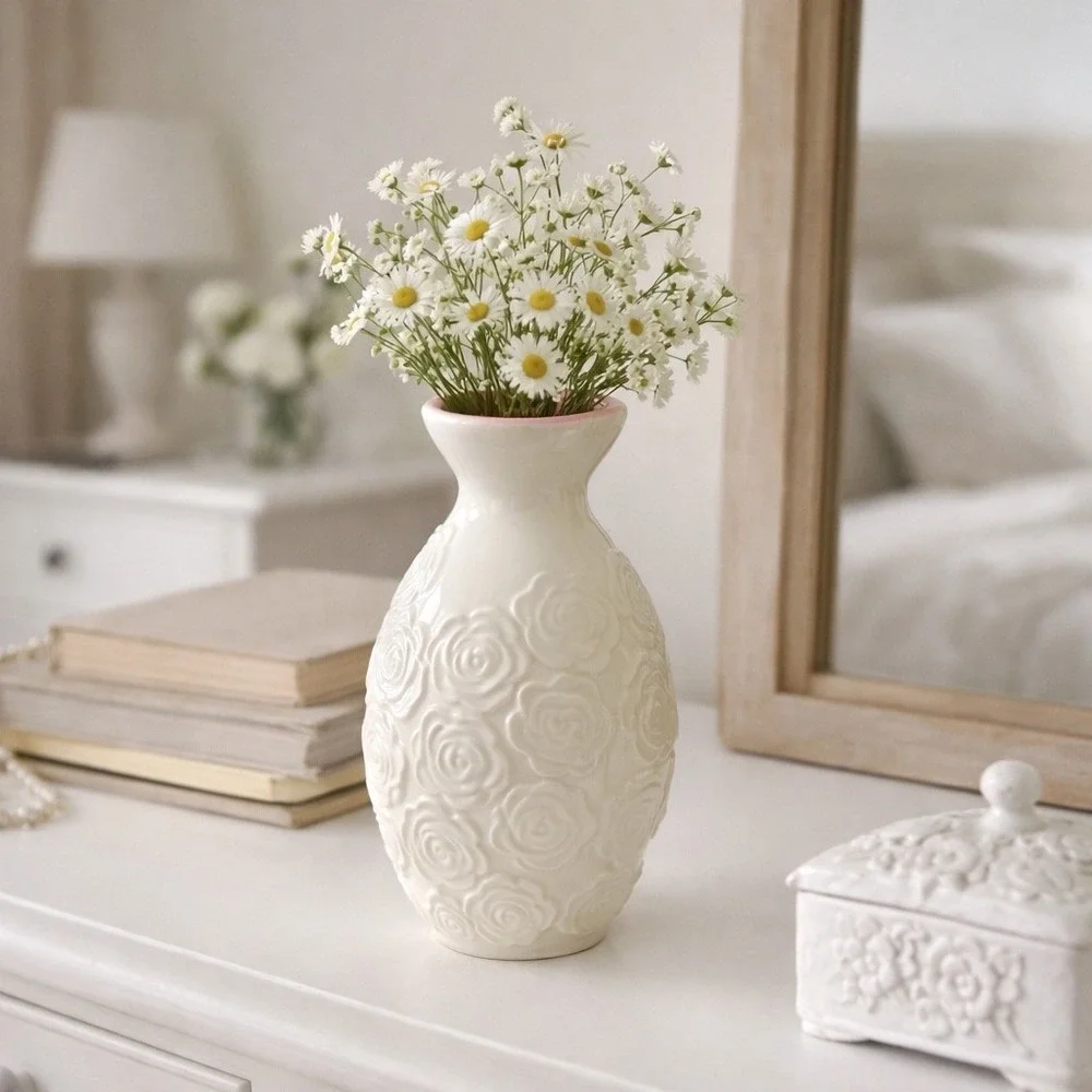 Sandra Magsamen Cream Embossed Rose Ceramic Vase Pink‎ Interior Floral Decor